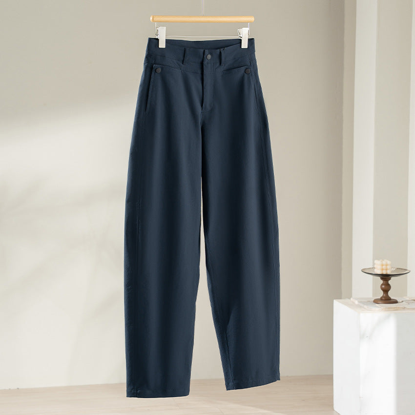 Damen hochtaillierte weite Stoffhose mit geradem Bein, Komfortbund und Eingrifftaschen Nord Taschen