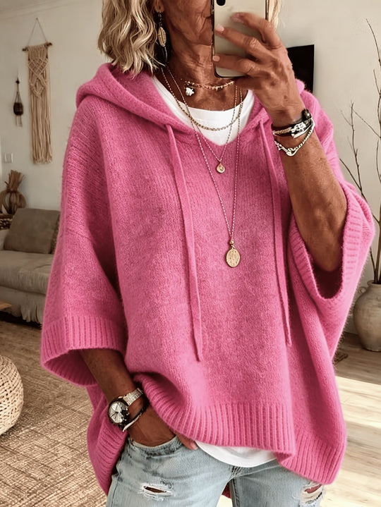 Damen Oversize Strick-Poncho mit Kapuze, Fledermausärmeln und Seitenschlitzen Nord Taschen