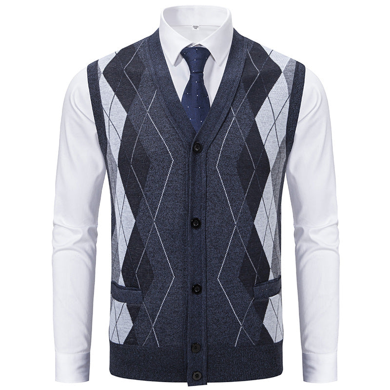 Herren Ärmellose Strickweste mit Rauten‑Muster, V‑Ausschnitt und Knopfleiste Nord Taschen