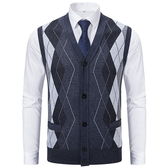 Herren Ärmellose Strickweste mit Rauten‑Muster, V‑Ausschnitt und Knopfleiste Nord Taschen