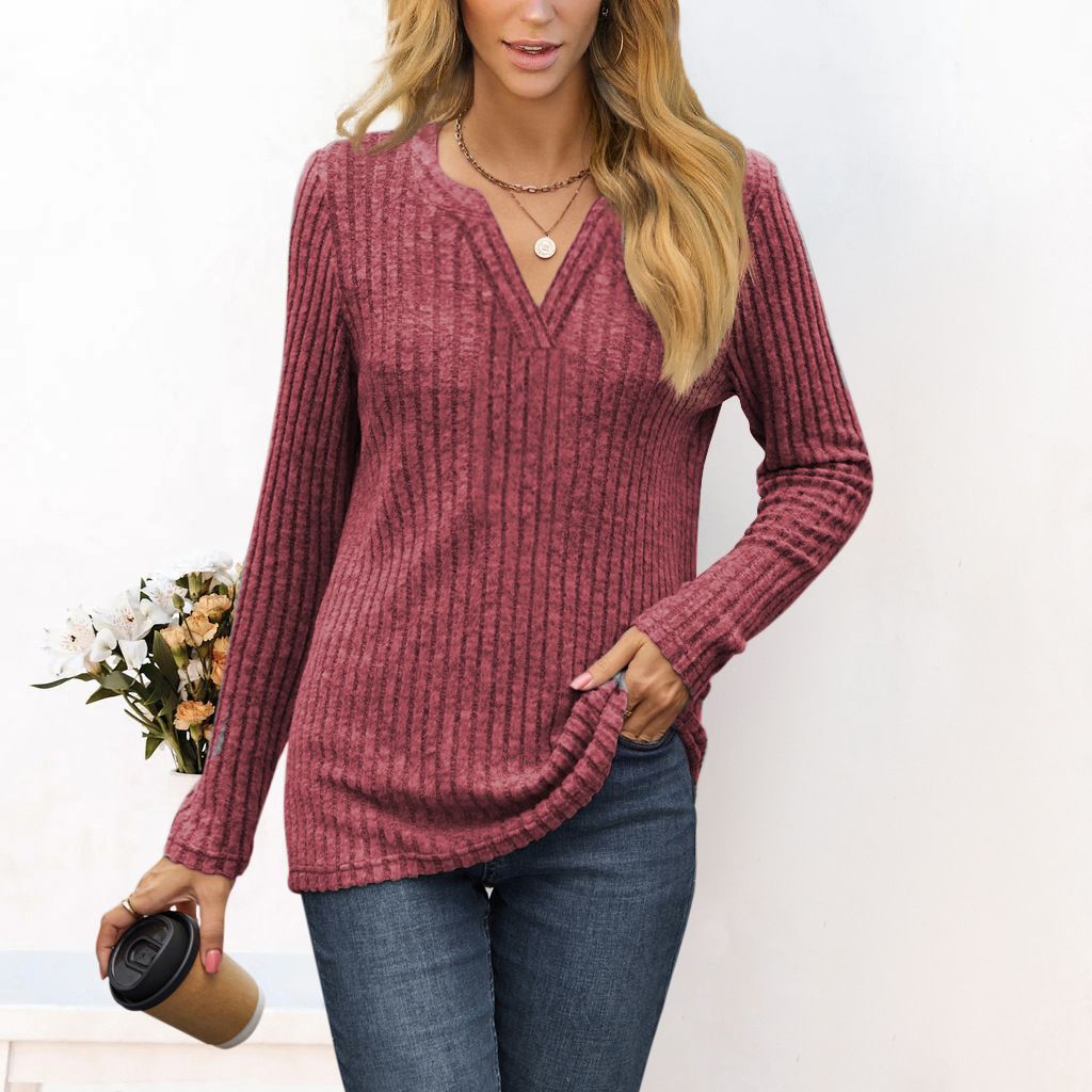 Damen Feines Ripp-Strickshirt mit tiefem V‑Ausschnitt und Tunika‑Länge Nord Taschen