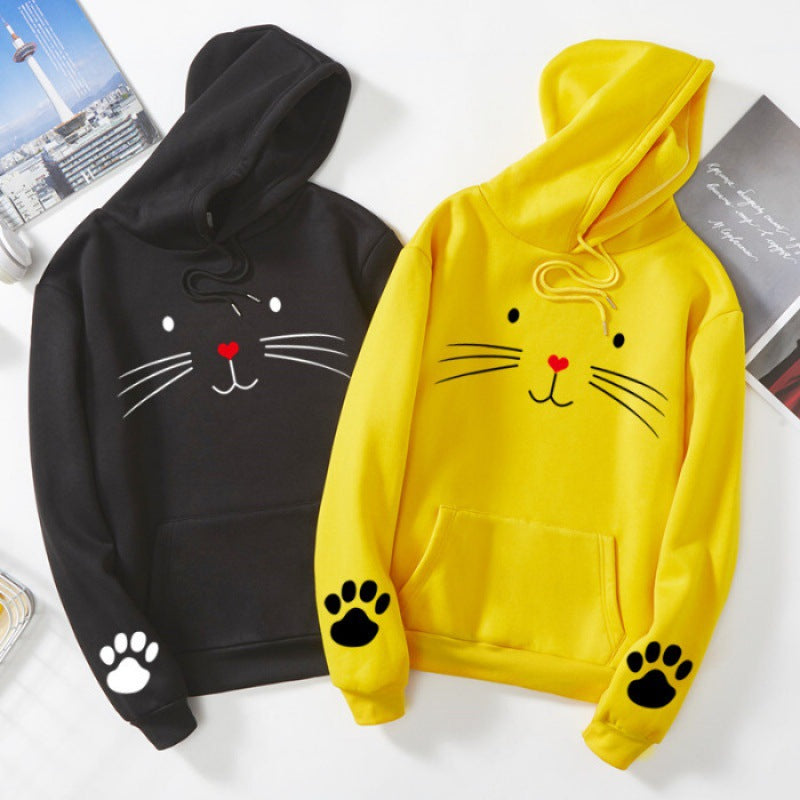 Damen nan Kapuzenpullover mit gedrucktem Katzenmotiv, Kängurutasche und Pfotenapplikationen Nord Taschen