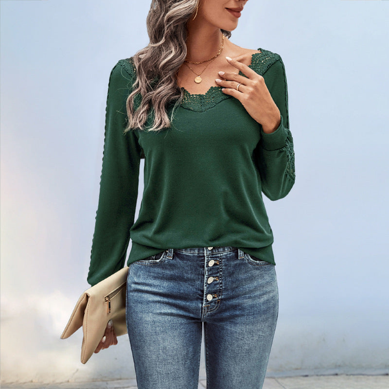 Damen Feinstrick-Longsleeve mit Spitzen-V-Ausschnitt und Spitzenbesatz an den Ärmeln Nord Taschen