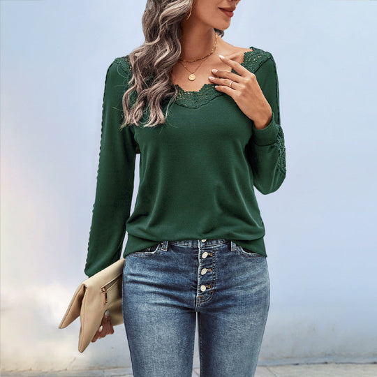 Damen Feinstrick-Longsleeve mit Spitzen-V-Ausschnitt und Spitzenbesatz an den Ärmeln Nord Taschen