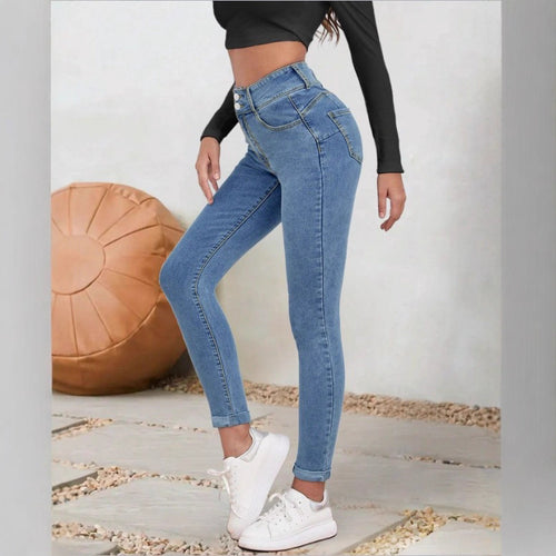 Damen Hochgeschnittene Sculpting-Skinny-Jeans mit Doppelknopf und Umschlag-Detail Nord Taschen