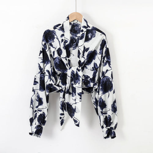Damen nan florale Knoten-Bluse im Wickelstil mit Ballonärmeln und leichter Leinenoptik
