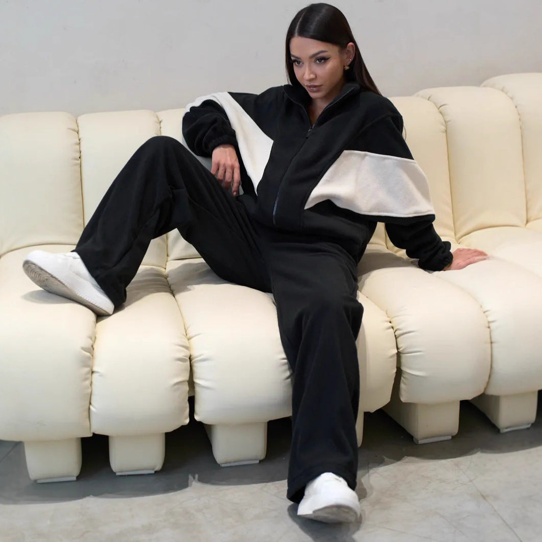Damen oversized Reißverschluss-Fleecejacke mit Paneel-Details und weiter High-Waist-Loungehose Nord Taschen