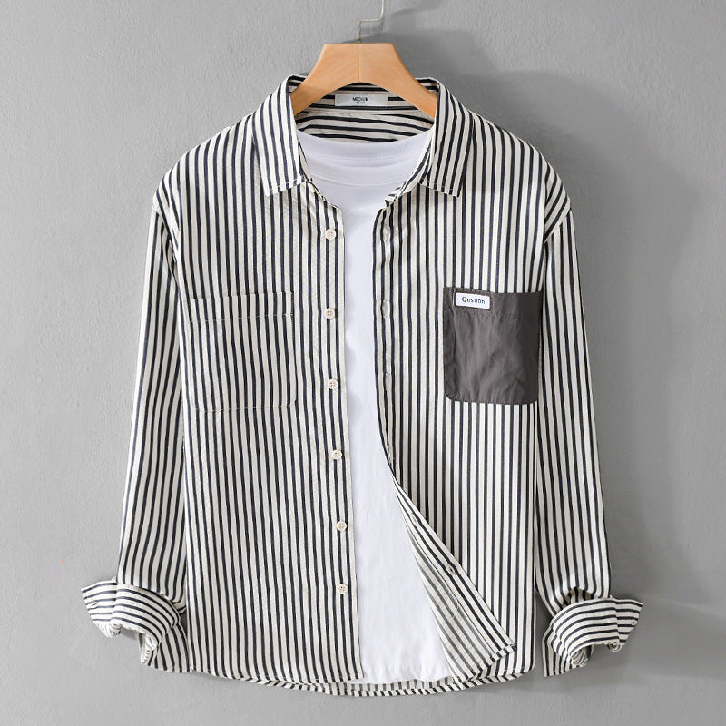 Herren Gestreiftes Langarm-Overshirt aus Baumwollmix mit kontrastierter Brusttasche Nord Taschen