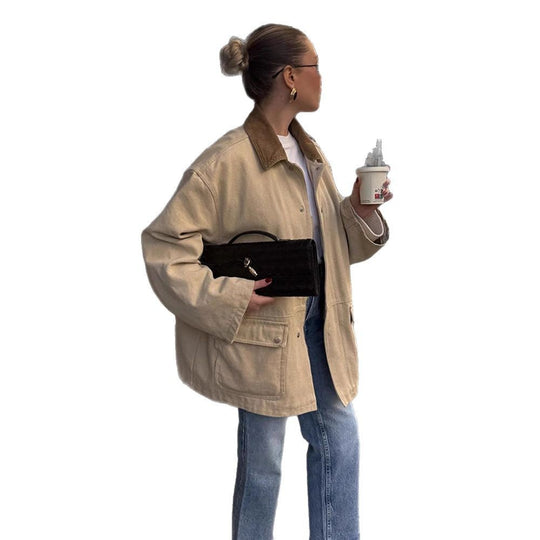 Damen Oversize-Fieldjacke mit Cordkragen, großen Pattentaschen und Druckknopfverschluss Nord Taschen