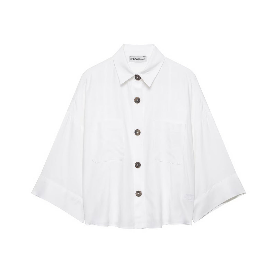 Damen Cropped Oversize‑Hemdjacke mit Kimonoärmeln und Dekoknöpfen Nord Taschen