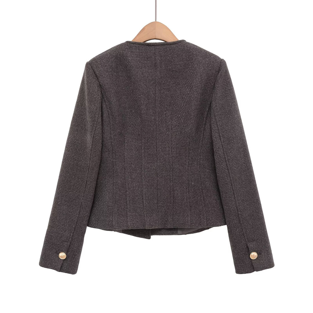 Damen Kurzblazer aus Bouclé mit Rundhals und goldenen Zierknöpfen Nord Taschen