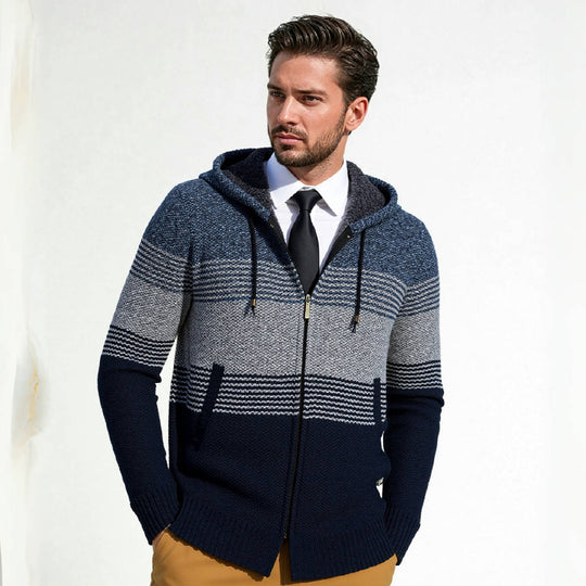 Herren Kapuzen-Strickzipjacke mit farbverlaufendem Blockstreifenmuster und thermischer Struktur Nord Taschen