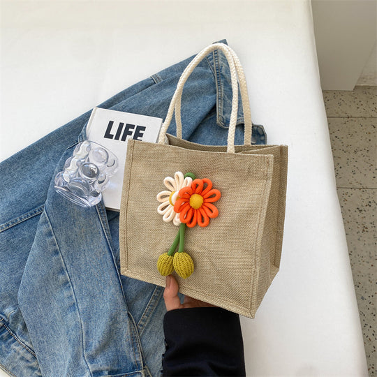 Damen praktische Jute-Tragetasche mit floralem Dekor und verspieltem Schleifenakzent Nord Taschen