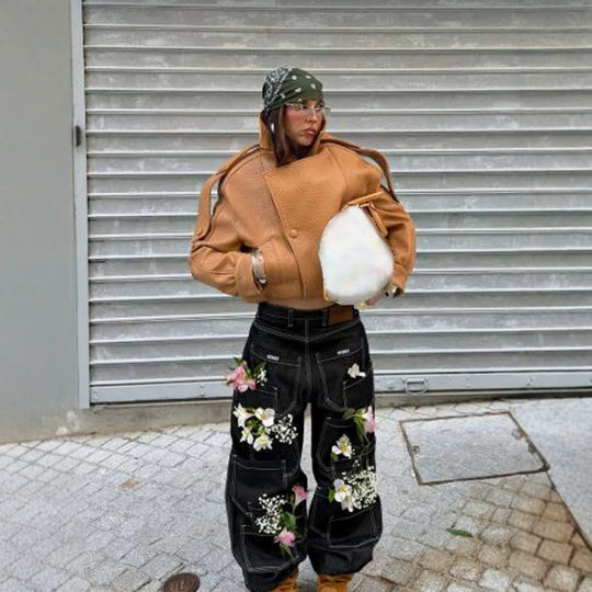 Damen Cropped Oversize-Jacke aus strukturiertem Kunstleder mit hohem Stehkragen Nord Taschen