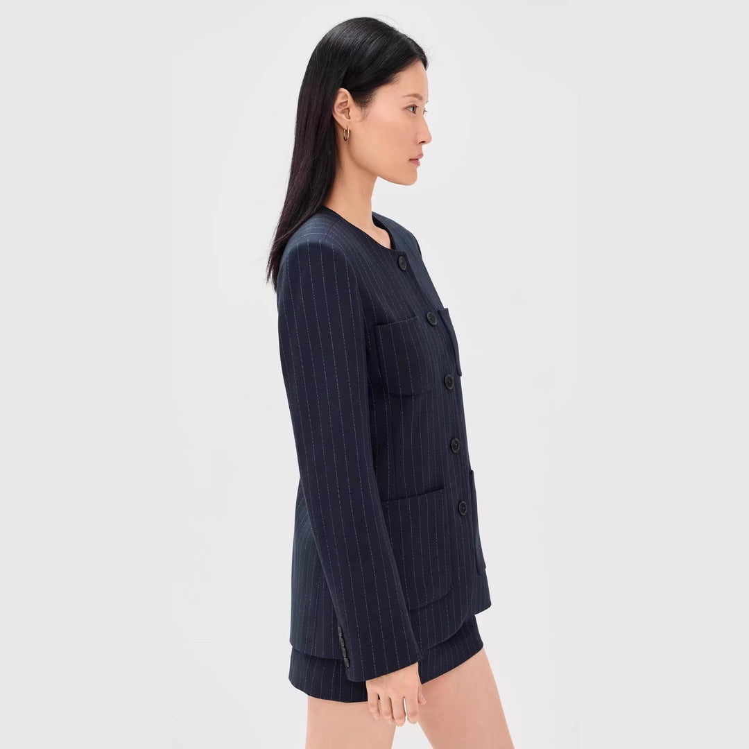 Damen Zweiteiliges Nadelstreifen-Tailoring-Set mit kragenlosem Blazer und hochgeschnittenem Minirock Nord Taschen