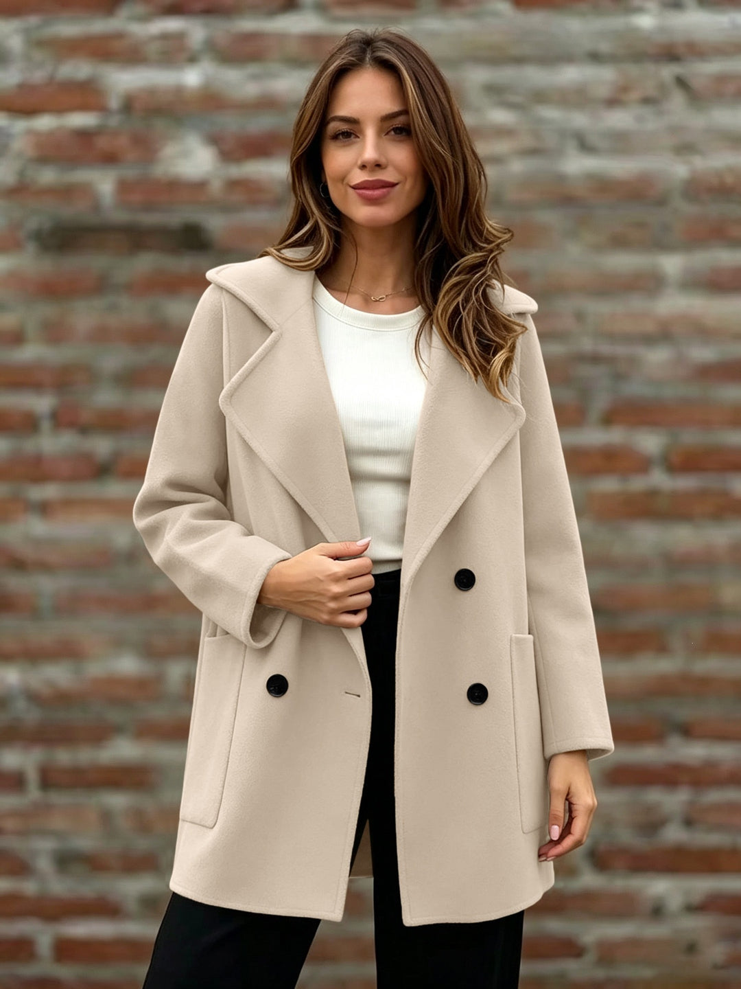 Damen Doppelreihiger Wollmantel mit Oversize-Revers Nord Taschen