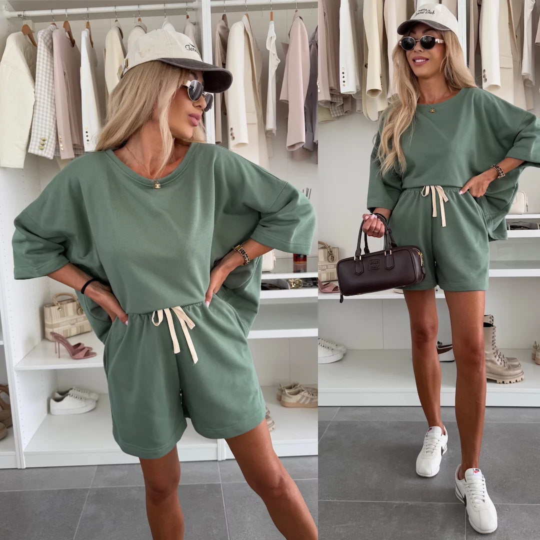 Damen lässiges Kurzarm Set aus Oversized Oberteil und Shorts Nord Taschen