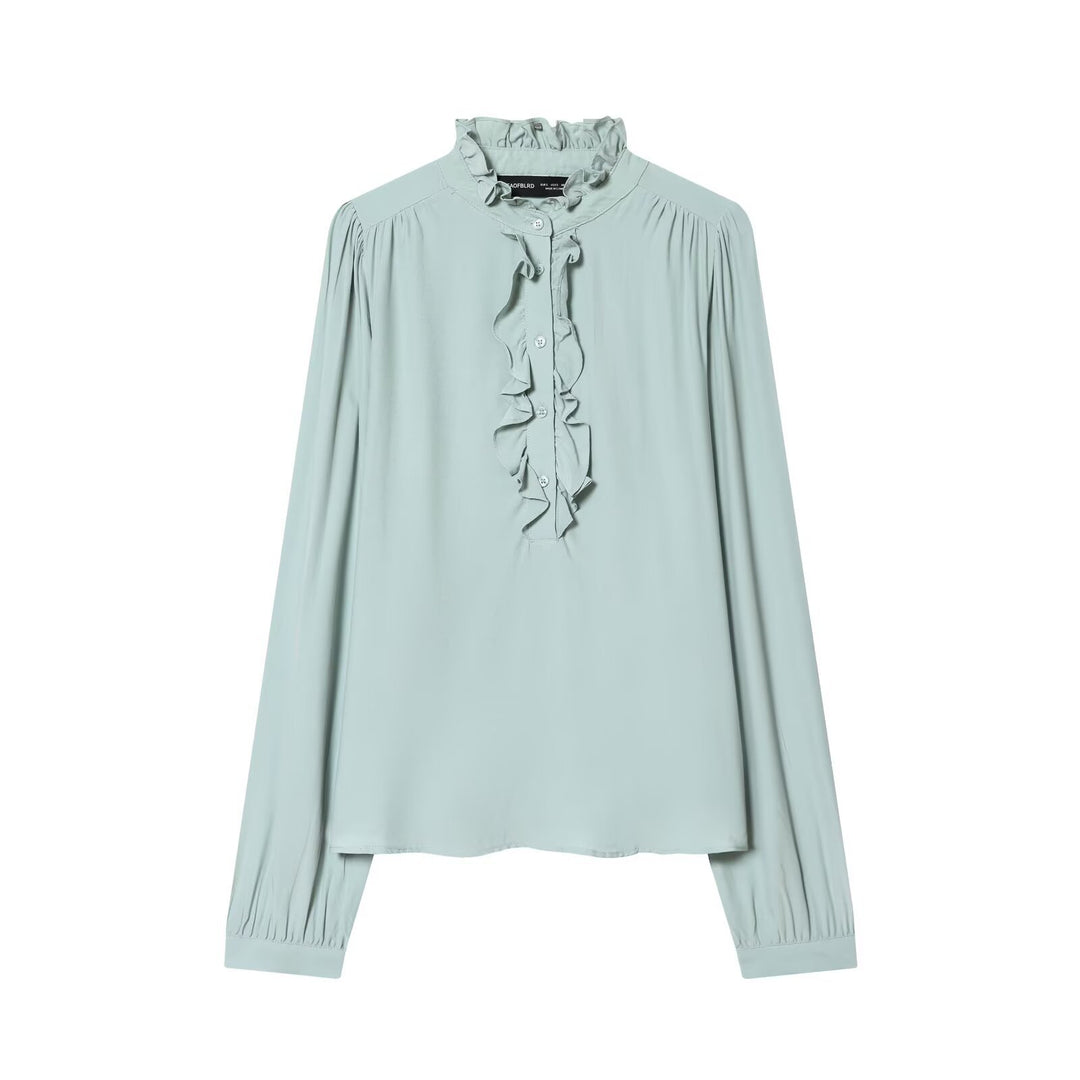 Damen Romantische Rüschenbluse mit Stehkragen, Knopfleiste und Ballonärmeln Nord Taschen