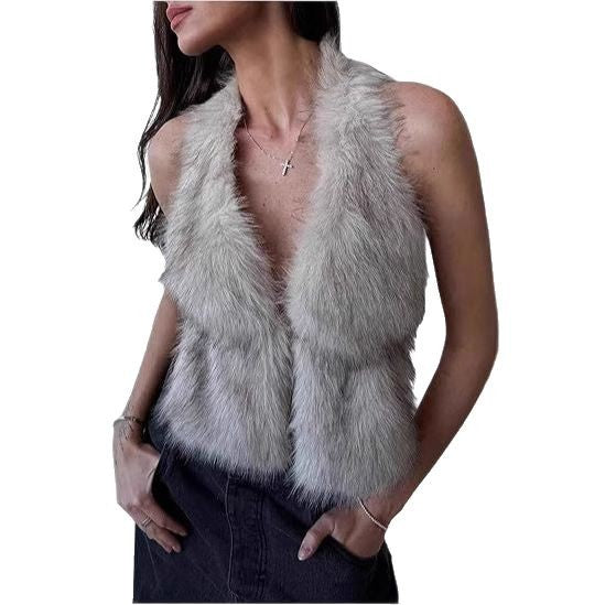 Damen Ärmelloses Cropped-Kunstpelz-Set mit Minirock und flauschigen Stulpen Nord Taschen