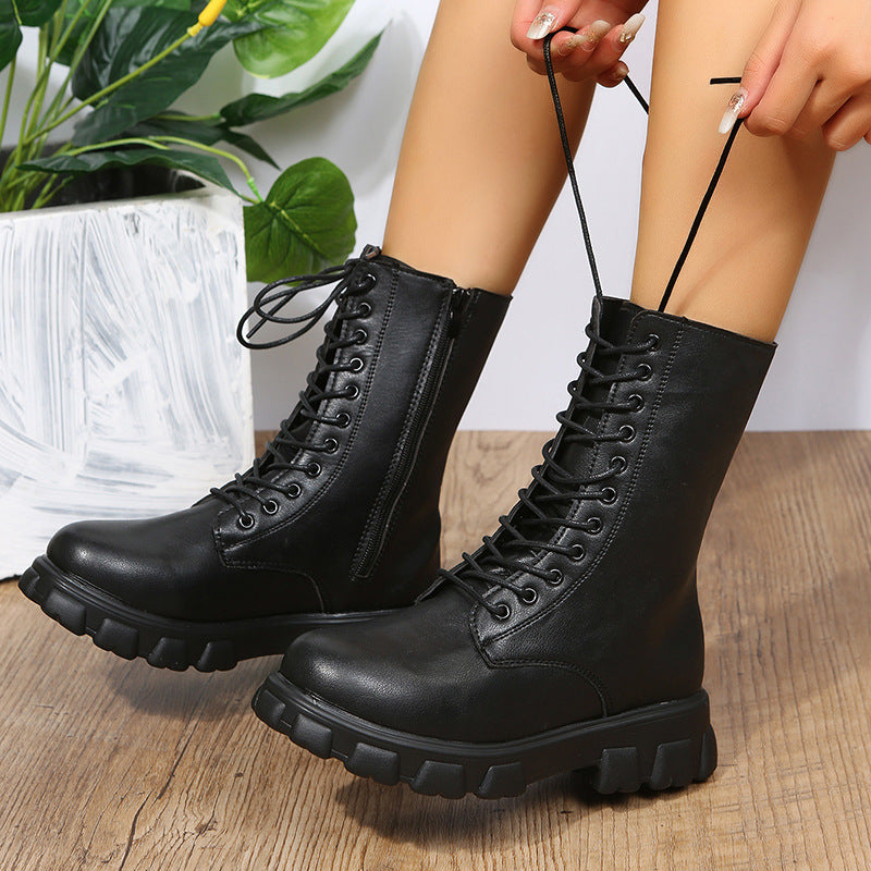 Damen Schnürboots mit robustem Plateau und seitlichem Reißverschluss