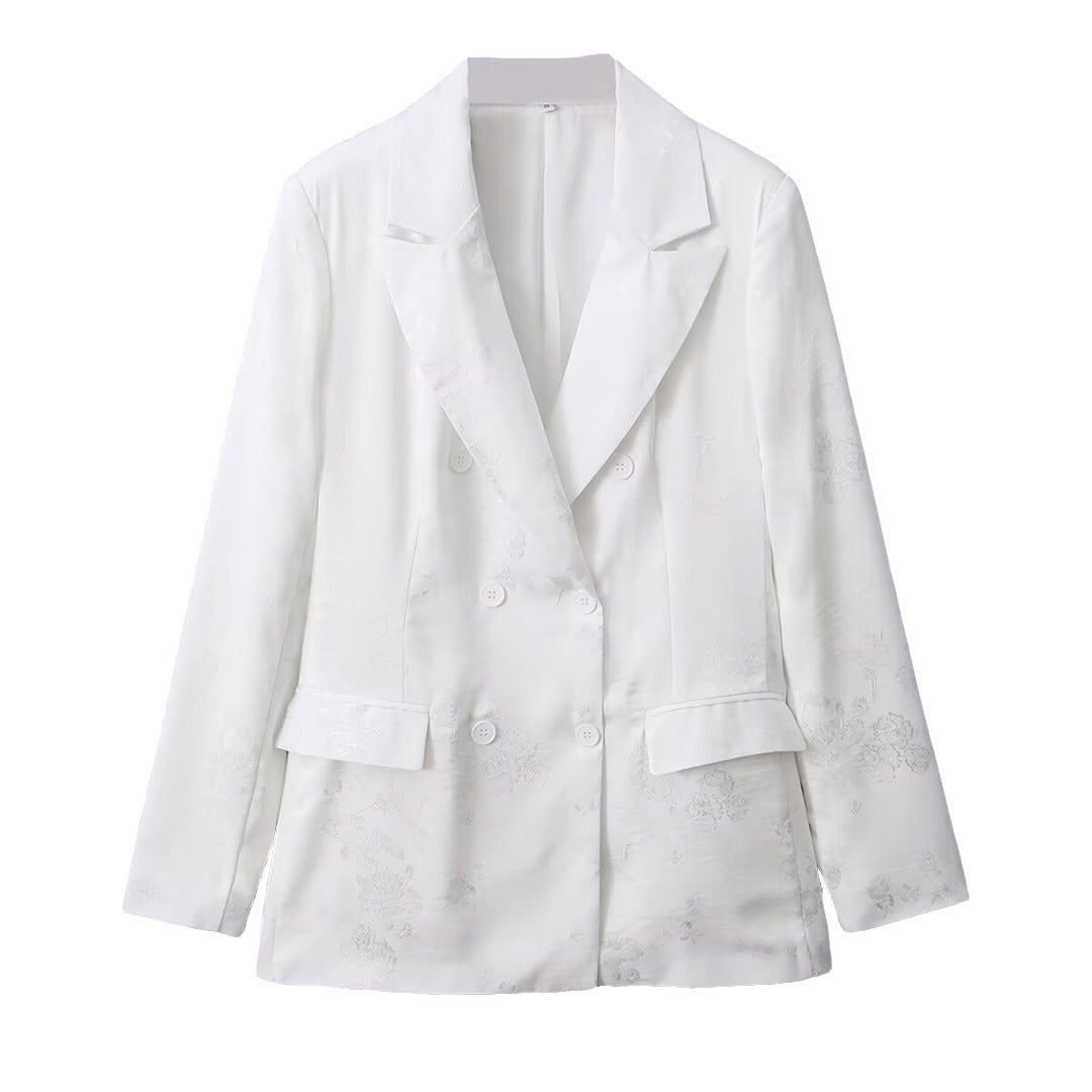 Damen Doppelreihiger Satin-Blazer mit floralem Jacquard und Reverskragen Nord Taschen