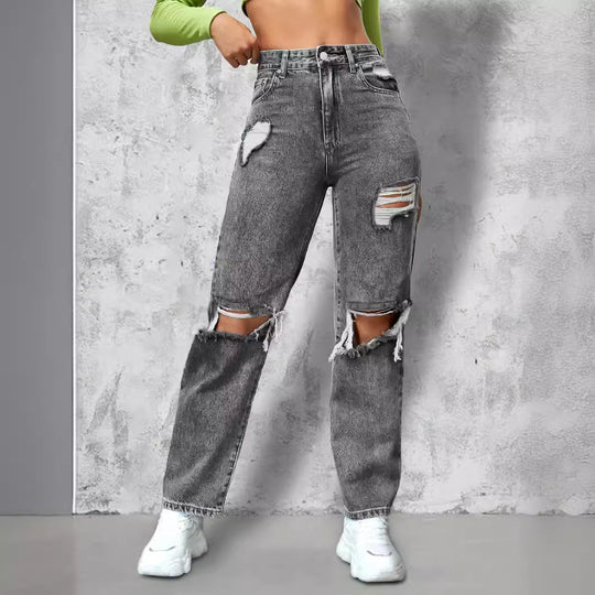 Damen High‑Waist Ripped Straight‑Leg Jeanshose mit Knie‑Cutouts und Used‑Wash Nord Taschen