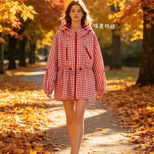 Damen Leichter Vichy‑Karo‑Parka mit Kapuze, Tunnelzugtaillierung und Reißverschlusstaschen Nord Taschen