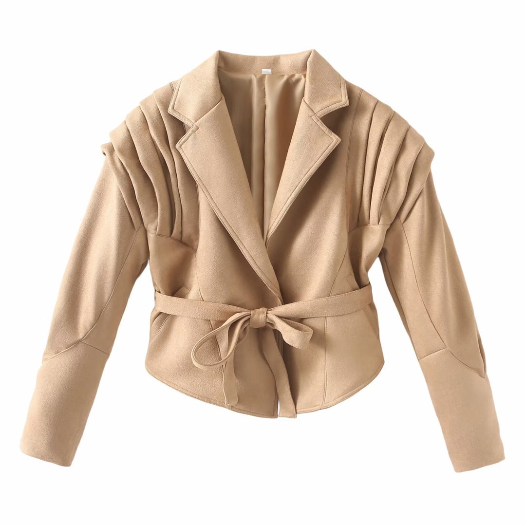 Damen Taillierte Wickeljacke aus Wildlederoptik mit Schulterplissee und Bindegürtel Nord Taschen