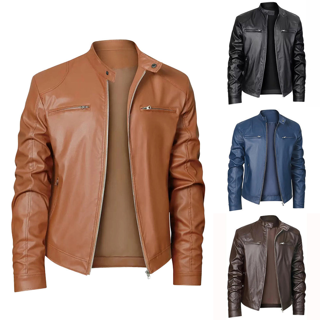 Herren schlanke Kunstleder-Bikerjacke mit Stehkragen, durchgehendem Reißverschluss und zwei Brusttaschen Nord Taschen