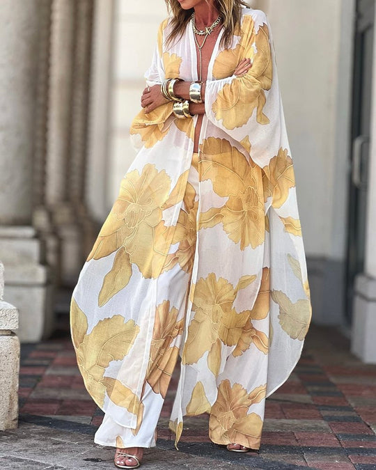 Damen Langarm-Kimono mit floralen Mustern und fließendem Stoff Nord Taschen