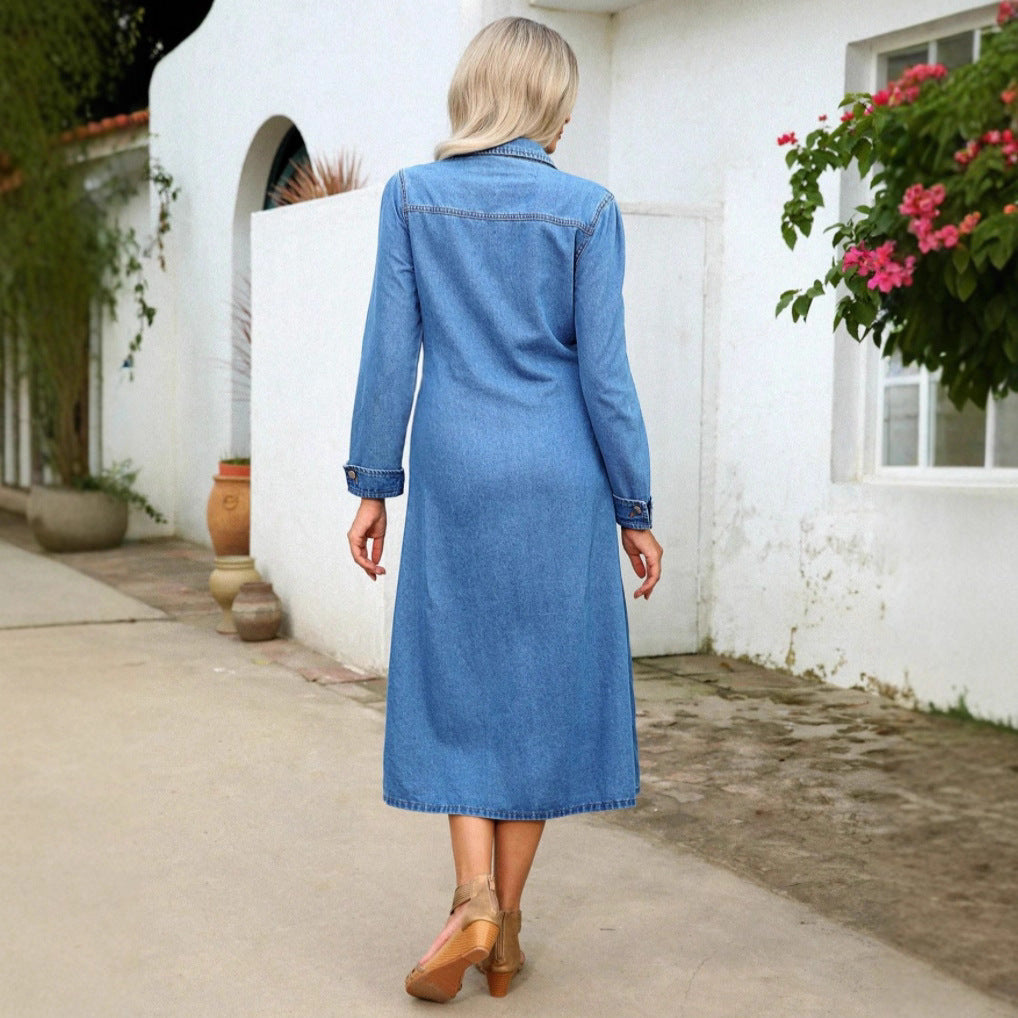 Damen Denim-Midikleid mit Knopfleiste, taillierter Passform und Brusttaschen Nord Taschen