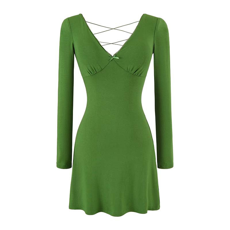 Damen Enganliegendes Minikleid mit tiefem V-Ausschnitt, geraffter Brust und gekreuzten Rückenträgern Nord Taschen