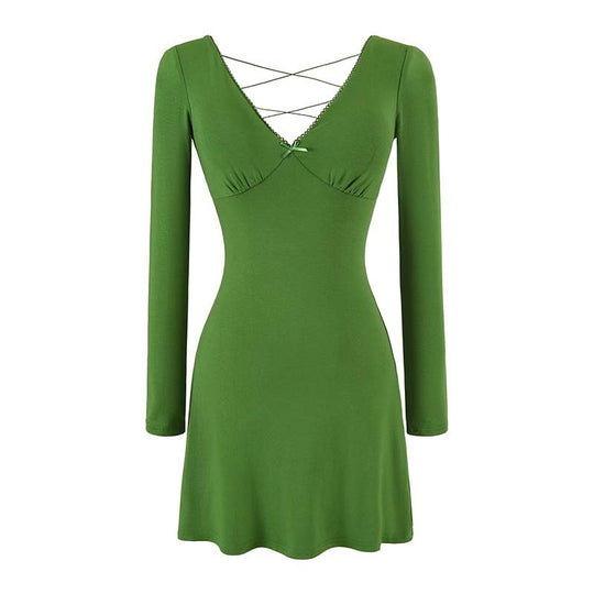 Damen Enganliegendes Minikleid mit tiefem V-Ausschnitt, geraffter Brust und gekreuzten Rückenträgern Nord Taschen