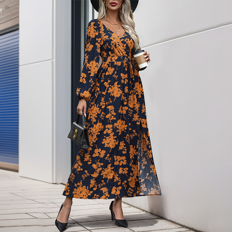 Damen Floral Maxikleid mit V-Ausschnitt und Rüschendetails Nord Taschen