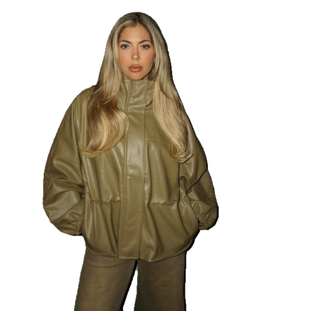Damen Boxy Kunstlederjacke mit hohem Stehkragen, Tunnelzug-Taillierung und Ballonärmeln Nord Taschen