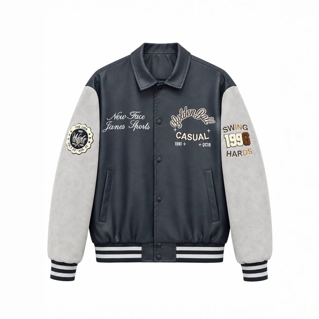 Herren Varsity-Lederoptik Collegejacke mit Kontrastärmeln, gestickten Patches und geripptem Saum Nord Taschen