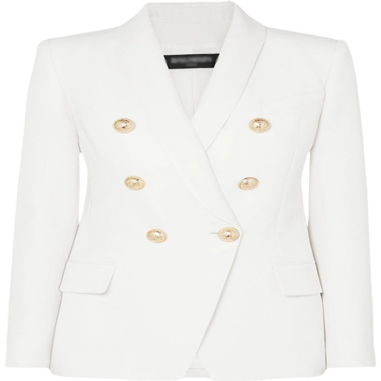 Damen Taillierter Zweireihiger Blazer im Smoking-Tailoring mit Schalkragen und goldenen Zierrundknöpfen Nord Taschen