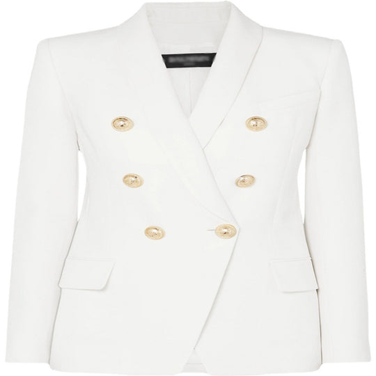 Damen Taillierter Zweireihiger Blazer im Smoking-Tailoring mit Schalkragen und goldenen Zierrundknöpfen Nord Taschen