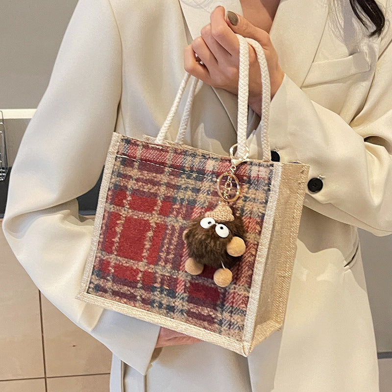 Damen Jute-Shoppingtasche mit modernem Hahnentritt-Muster Nord Taschen