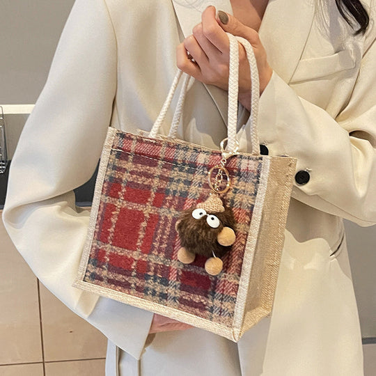 Damen Jute-Shoppingtasche mit modernem Hahnentritt-Muster Nord Taschen