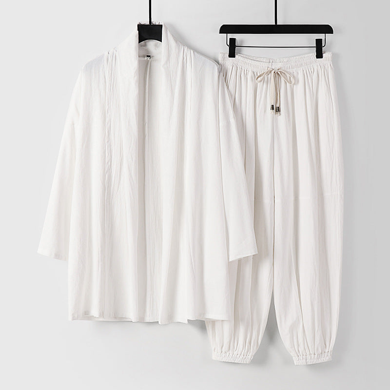 Unisex Entspanntes Kimono-Zweiteiler aus Baumwollmusselin mit Schalkragenjacke und geraffter Knöchelhose Nord Taschen