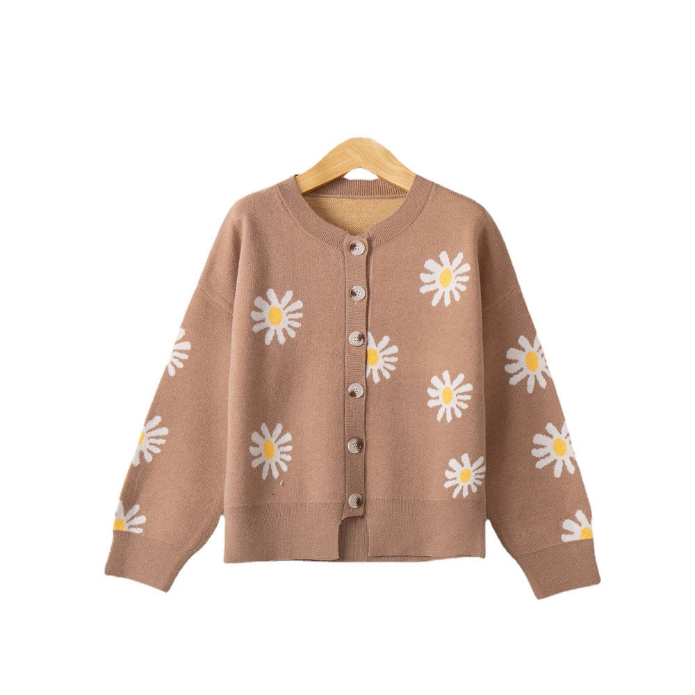 Damen Oversize-Strickcardigan mit Blumenapplikation, Perlmuttknöpfen und Wellensaum Nord Taschen