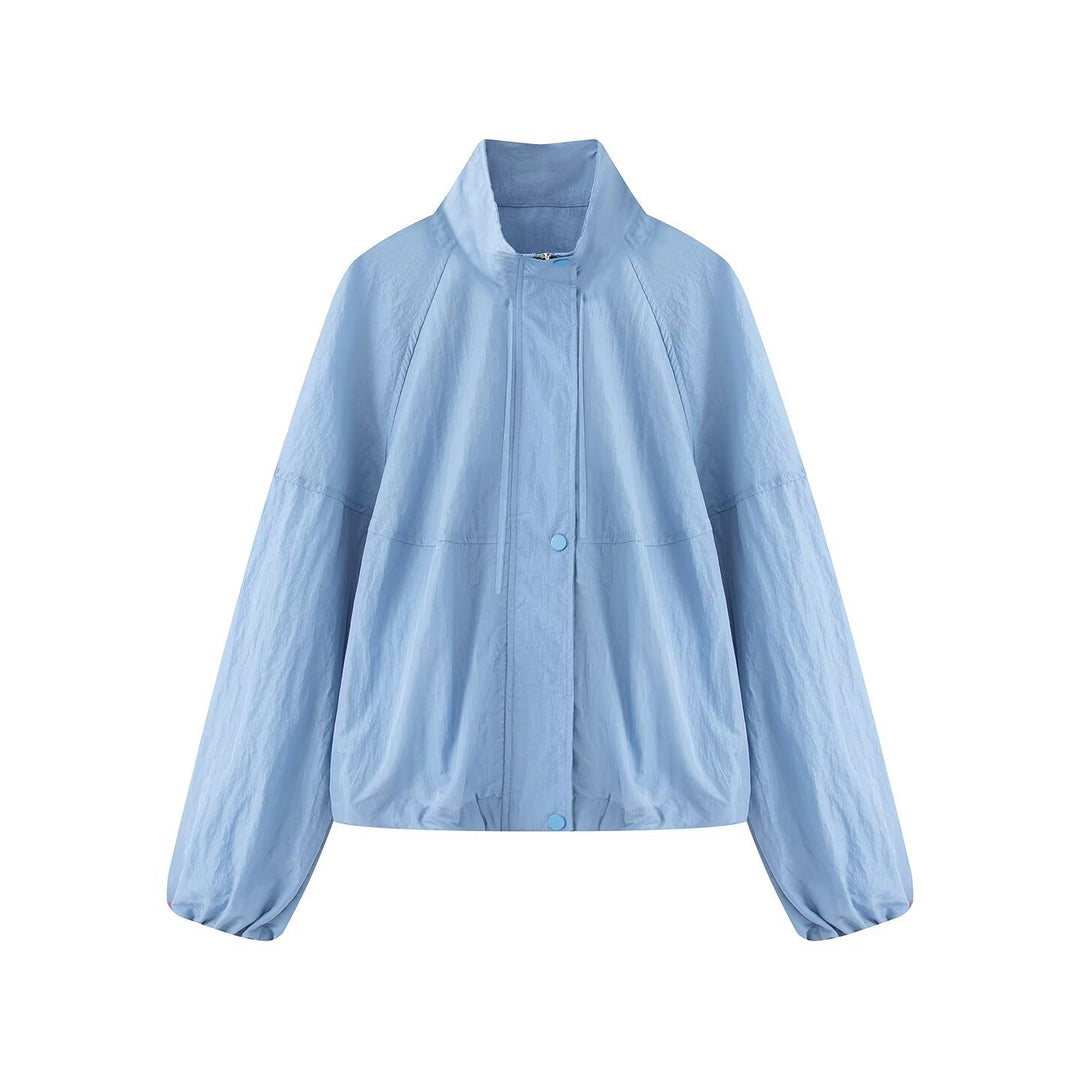 Damen Leichte Oversize-Blousonjacke aus Nylon mit Stehkragen, Kordelzug und Druckknopfverschluss Nord Taschen