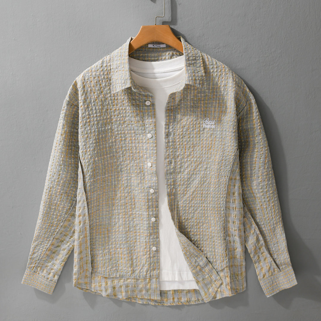 Damen Relaxed-Fit Crinkle-Hemdjacke mit feiner Gingham‑Webstruktur und dezenter Bruststickerei Nord Taschen