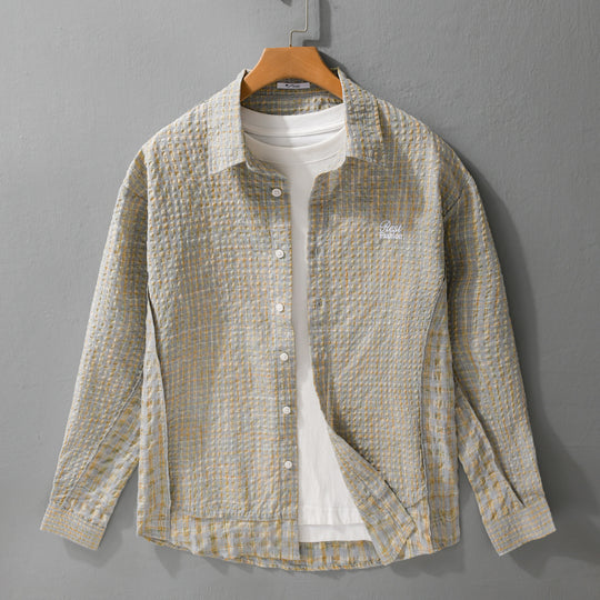 Damen Relaxed-Fit Crinkle-Hemdjacke mit feiner Gingham‑Webstruktur und dezenter Bruststickerei Nord Taschen