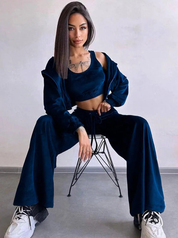 Damen luxuriöses Velours-Lounge-Set mit kurzem Reißverschluss-Hoodie und weitem High-Waist-Hose Nord Taschen
