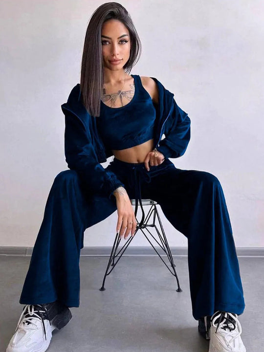 Damen luxuriöses Velours-Lounge-Set mit kurzem Reißverschluss-Hoodie und weitem High-Waist-Hose Nord Taschen