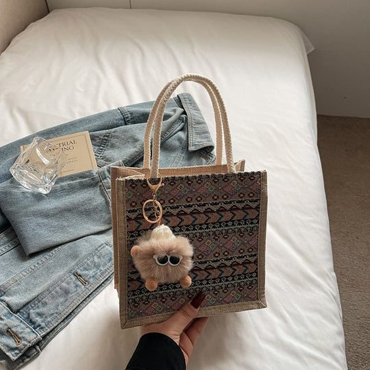Damen Jute-Tragetasche mit dekorativem Ethno-Muster Nord Taschen
