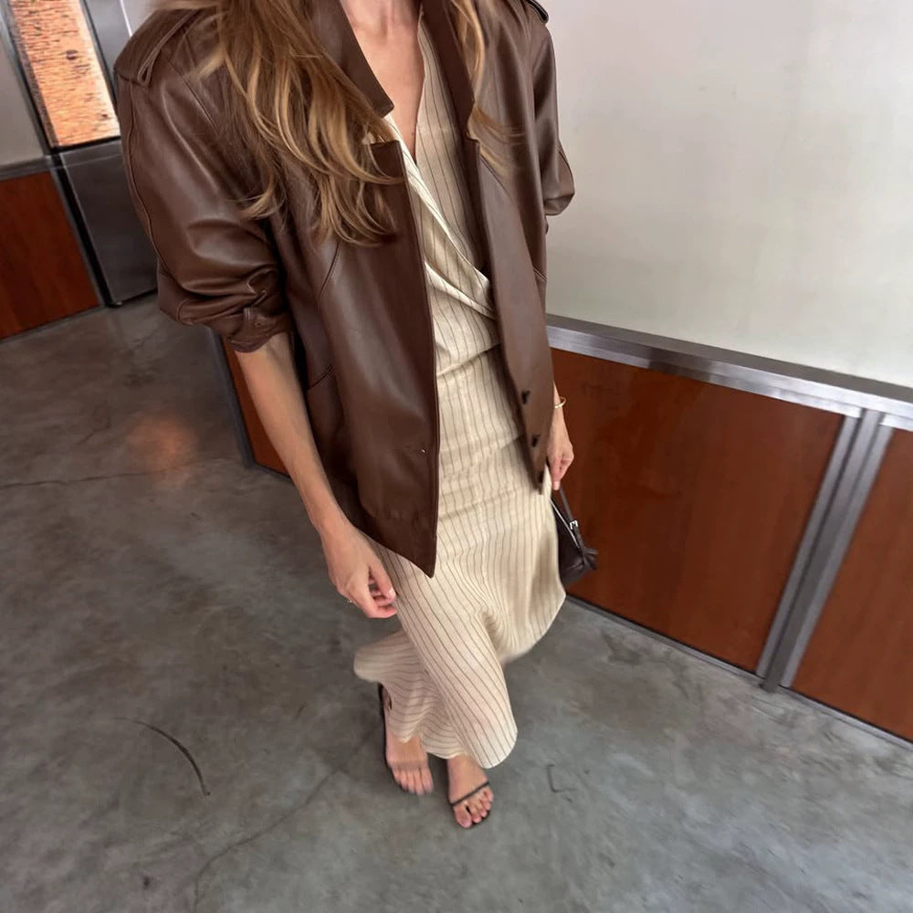 Damen Oversized Kunstlederjacke mit Schulterpatten und kastigem Cropped-Schnitt Nord Taschen