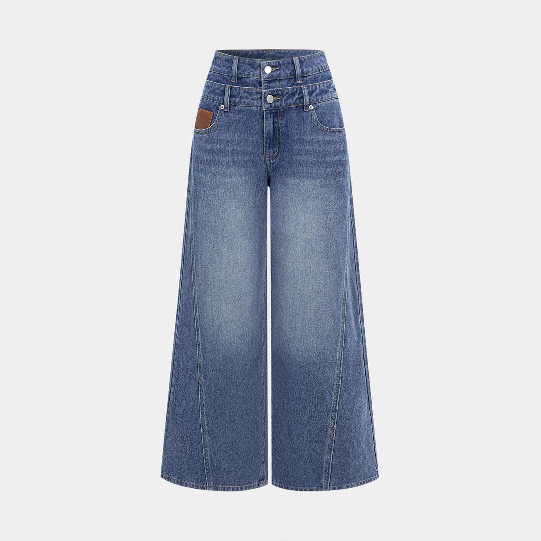Damen hochgeschnittene Doppelbund-Jeansculotte mit weitem Cropped-Bein und sichtbaren Nahtpaneelen Nord Taschen